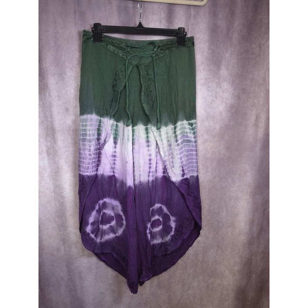 Choice One Size Fits Most Tie Dye Palazzo Pants Green Purple White Rayon Boho